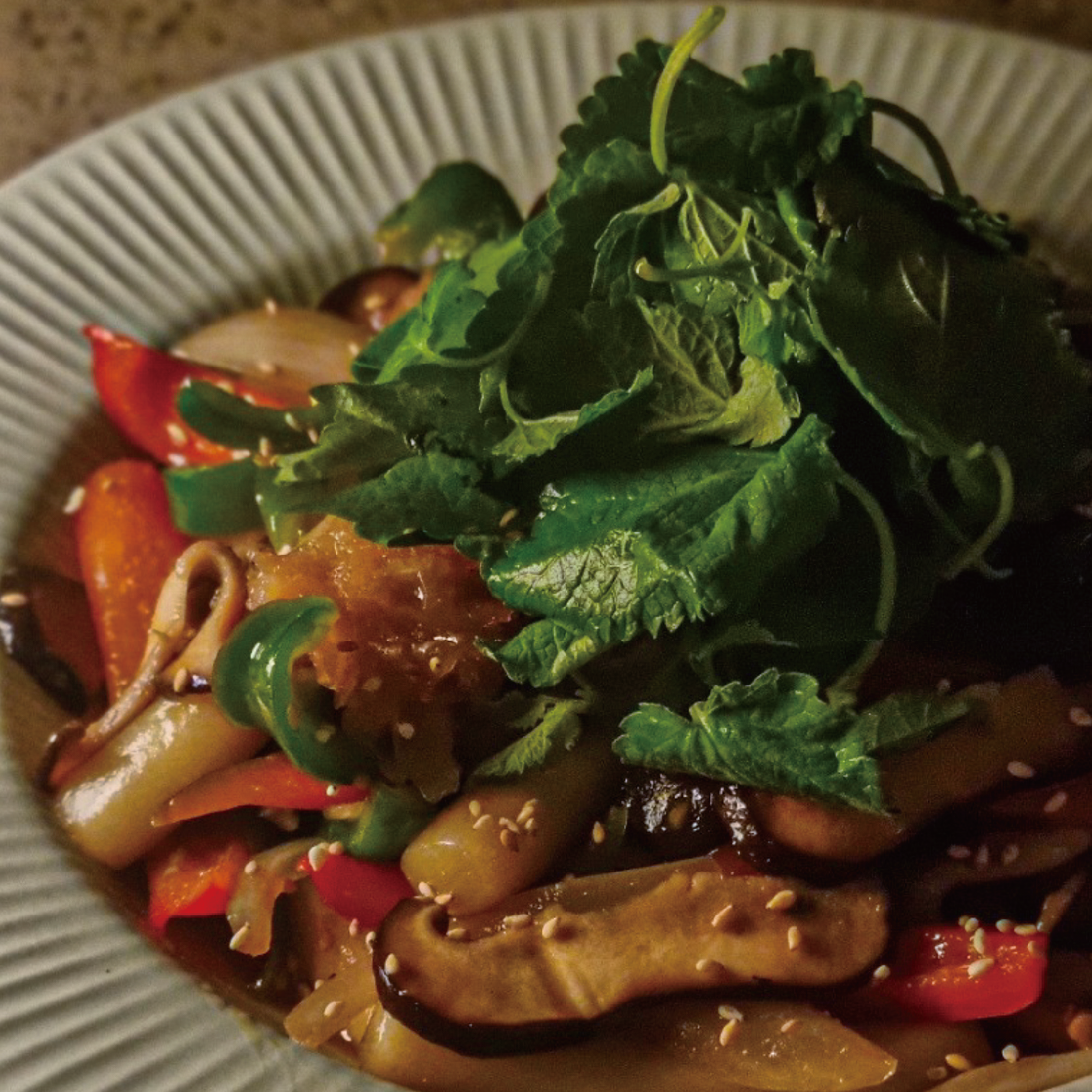 Soybean Sacue Tteokbokki with Bulgogi and Korean Mint