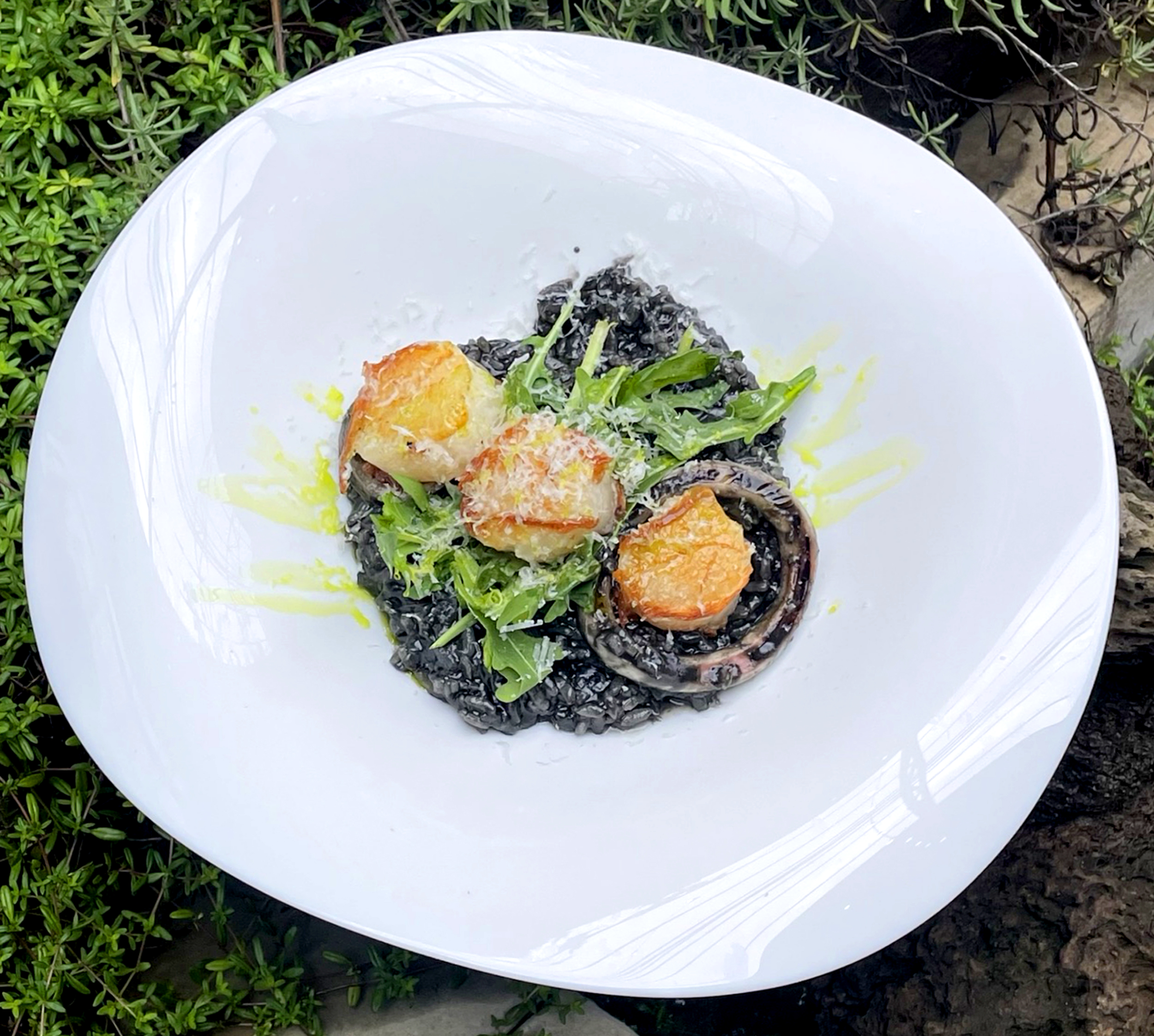 Grilled Scallops with Squid Ink Risotto