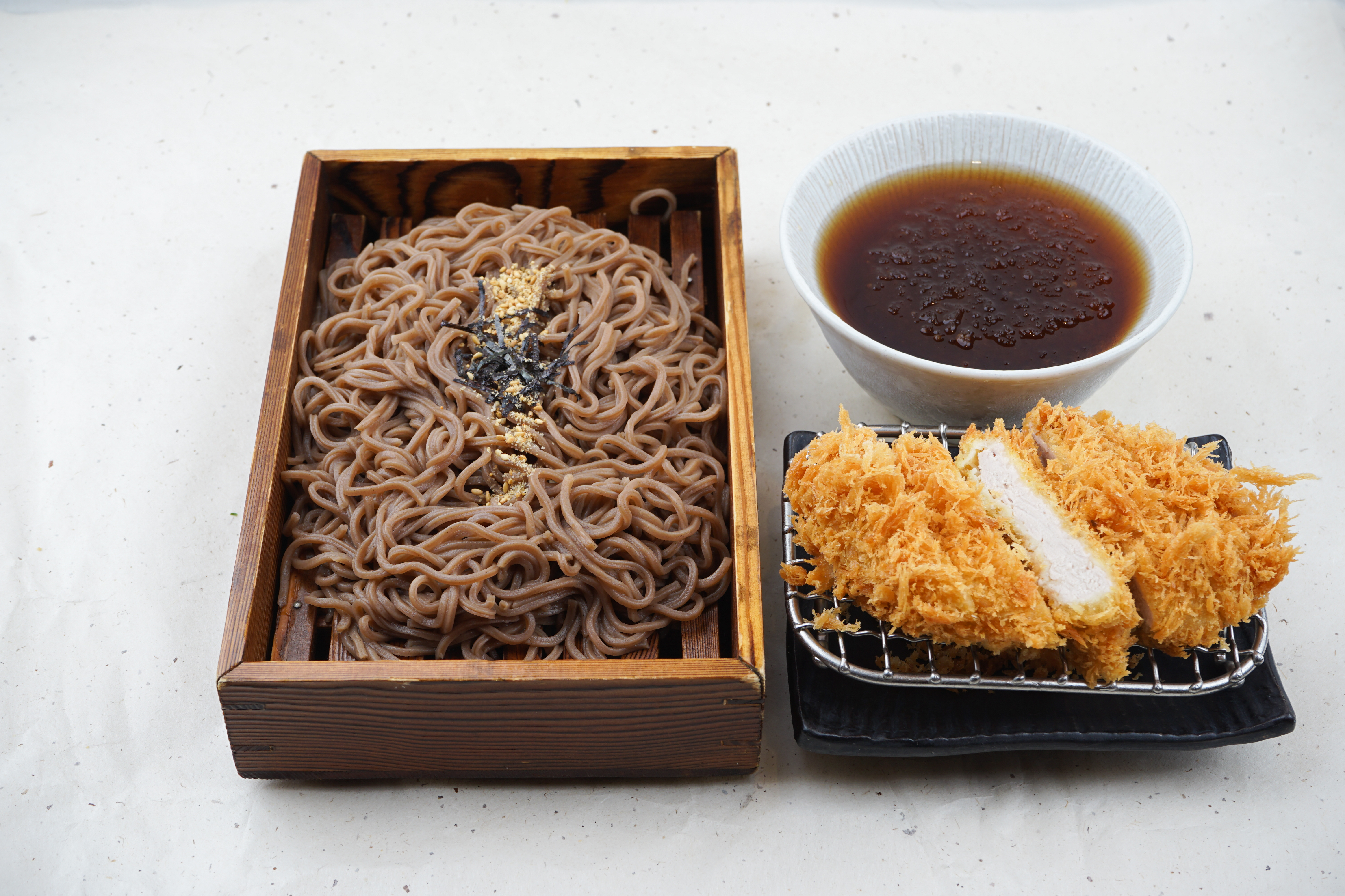 Buckwheat Noodles on Bamboo Mat and Pork Cutlet