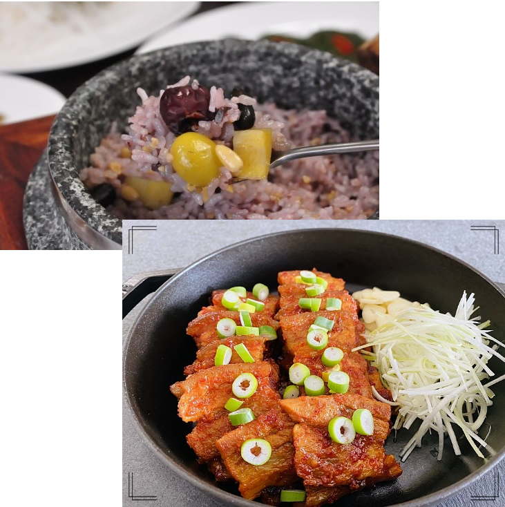Nutritious Hot Stone Pot Rice + Red Pepper Paste Marinated Pork Belly (Nutritious Stone Hot Pot Rice + Domestic Red Pepper Paste Pork Bulgogi) (Minimum order of 2 servings)