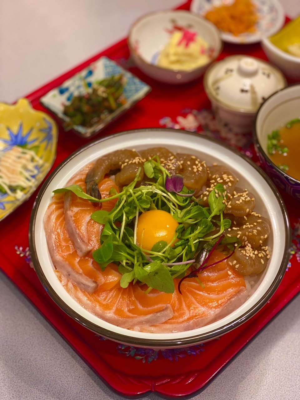 Soy Sauce Marinated Salmon and Shrimp with Rice