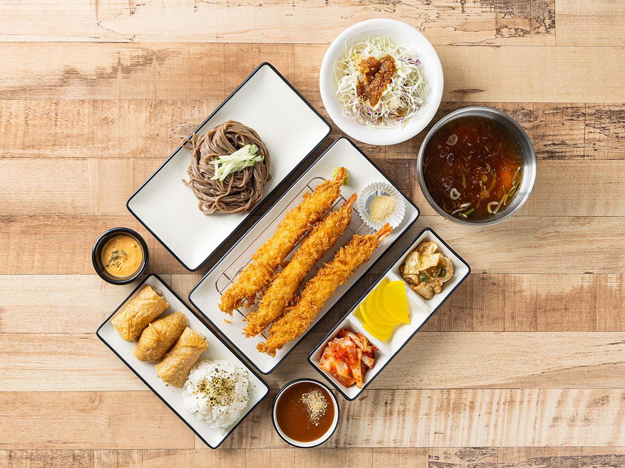 B) Deep-fried Shrimp + Buckwheat Noodles + Freid Bean Curd