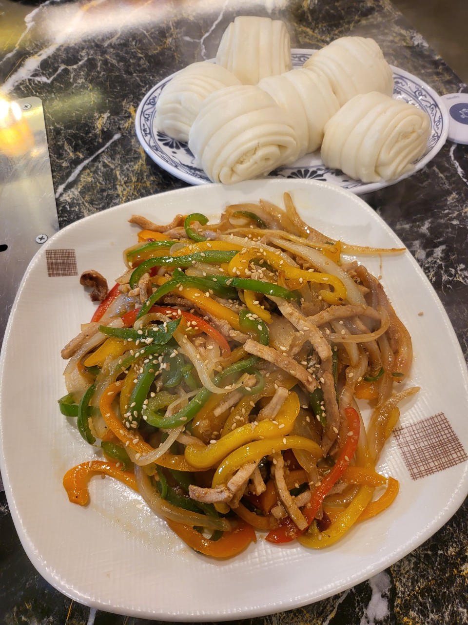 Stir-fried Chili Peppers and Pork (Chinese Flower Bun Included)