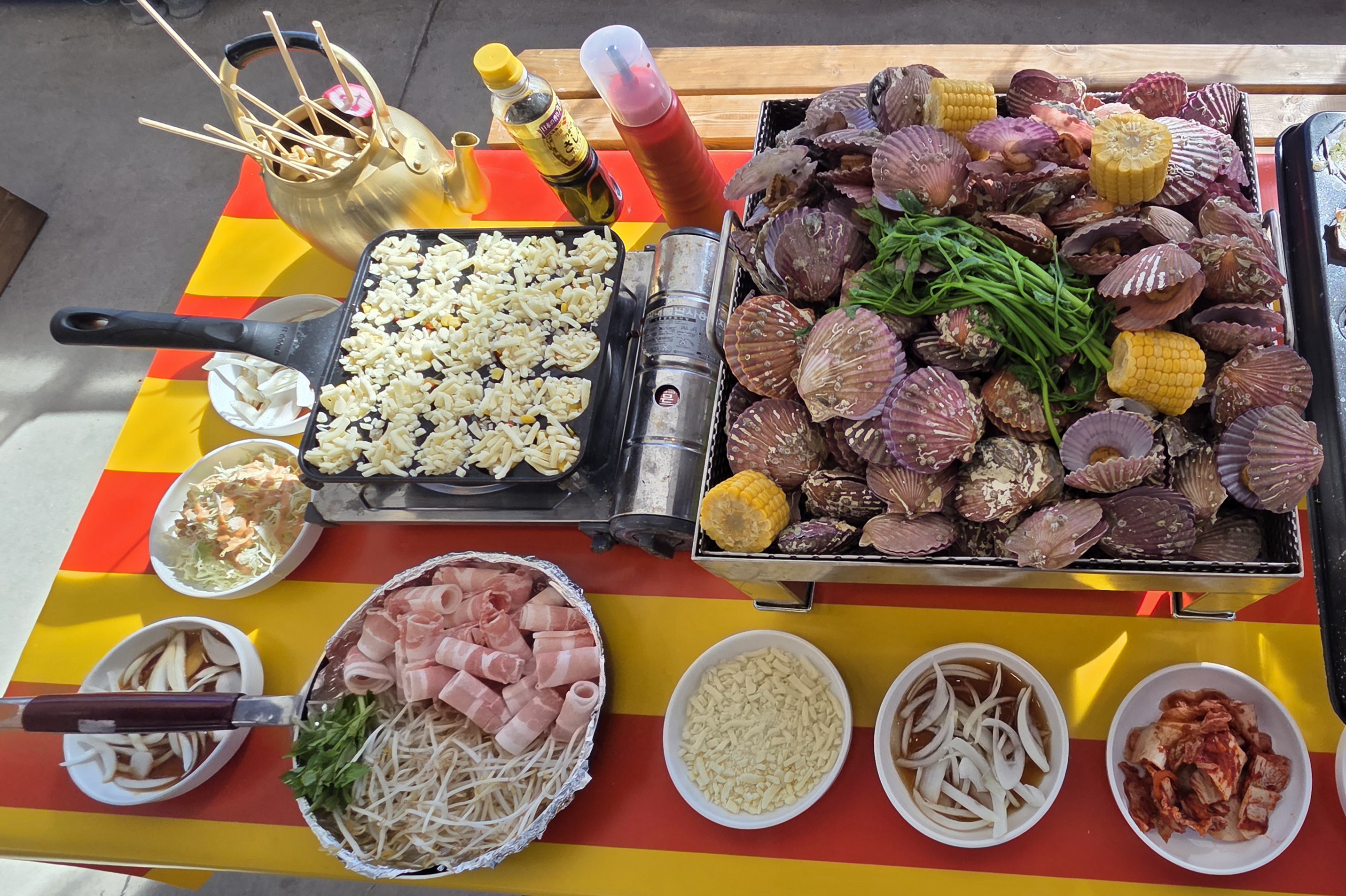 Steamed Scallops + Takoyaki + Thin-sliced Pork Belly + Fishcake Soup