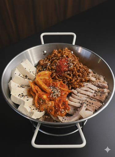 Boiled Pork Jowl Slices, Black Bean Sauce Instant Noodles and Extra Spicy Kimchi Set Menu