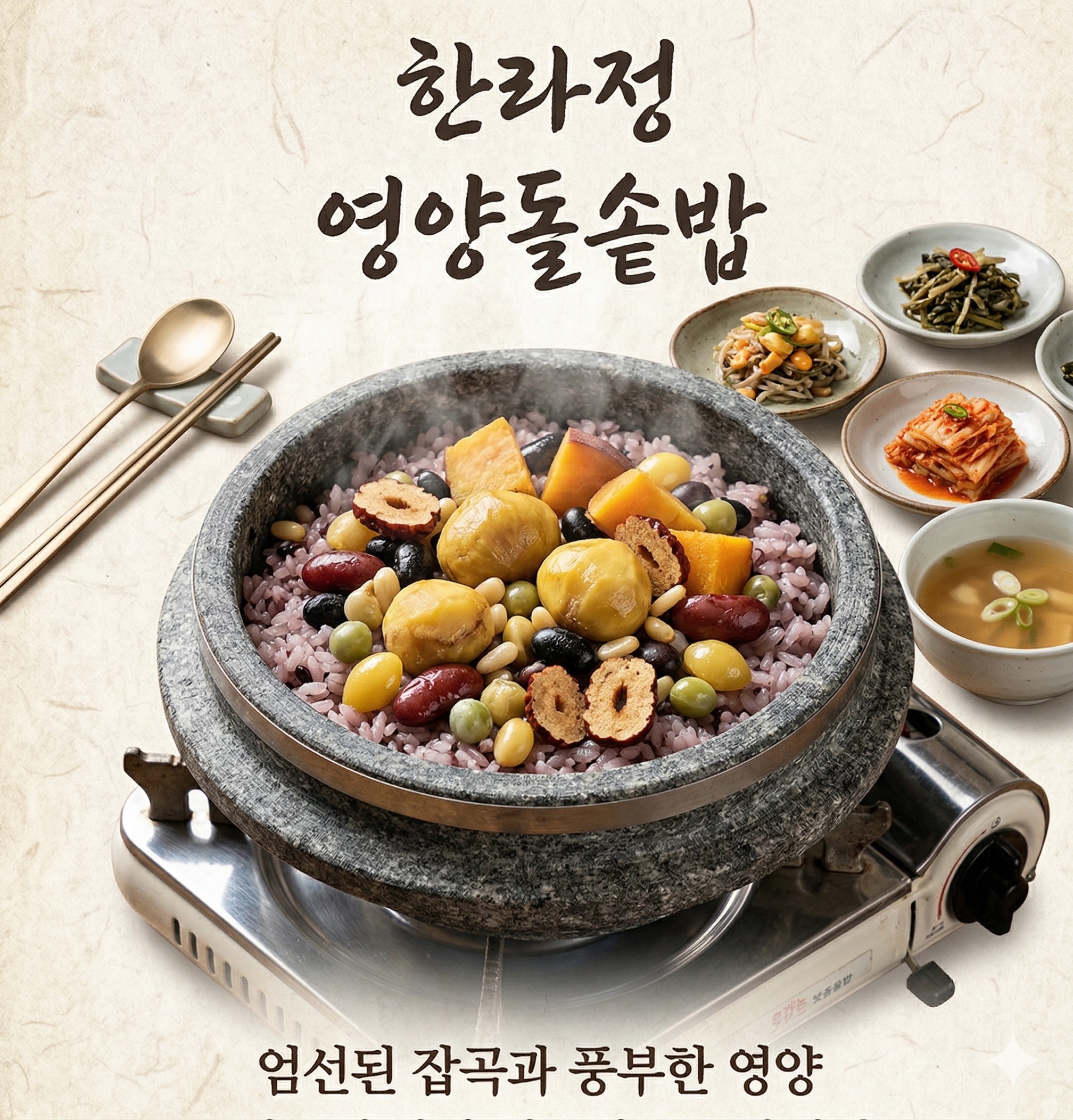 Nutritious Hot Stone Pot Rice (Well-being Grains + 9 Side Dishes + Soybean Paste Jjigae + Grilled Fish + Rolled Omelet) (Minimum order of 2 servings)
