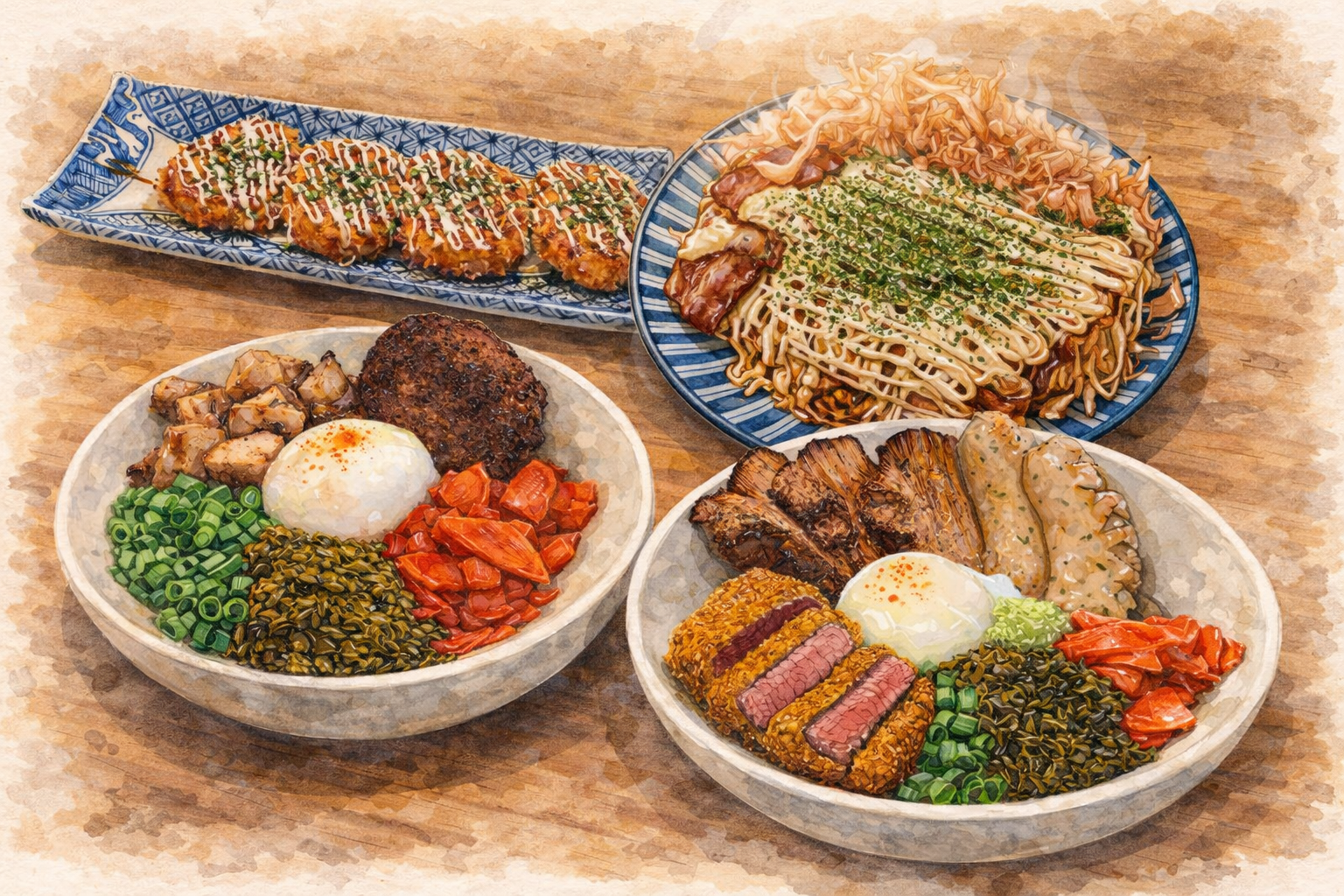 Curry + Curry (Soba Noodles) + Okonomiyaki + Croquette 4pcs