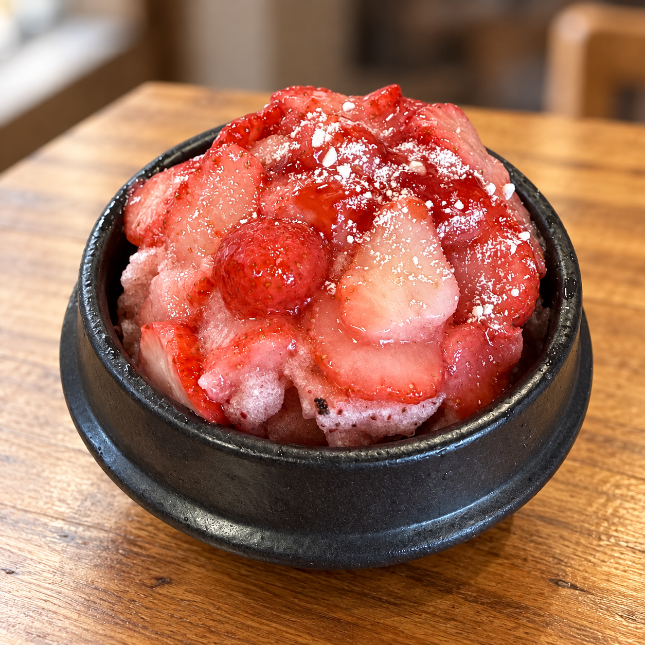 Shaved Ice with Red Bean Toppings and Strawberries